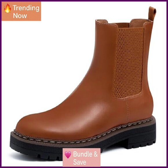 Leather Chelsea Ankle Boots Platform Chunky Heel Slip On Lug Sole - Picture 2 of 8